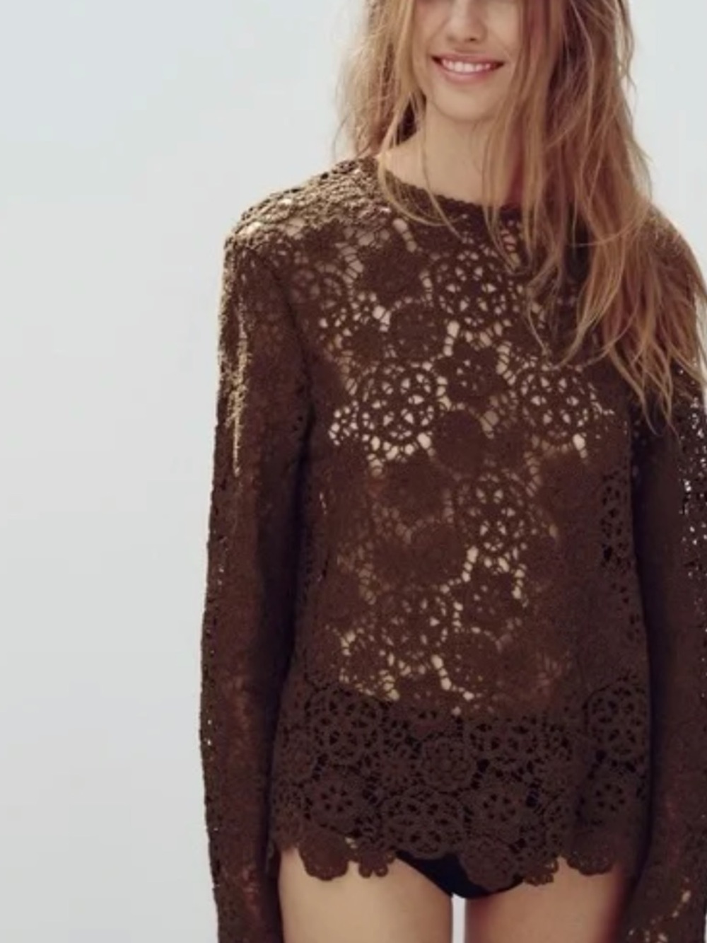 Zara Brown Crochet Lace Long-Sleeve Top - Picture 3 of 4